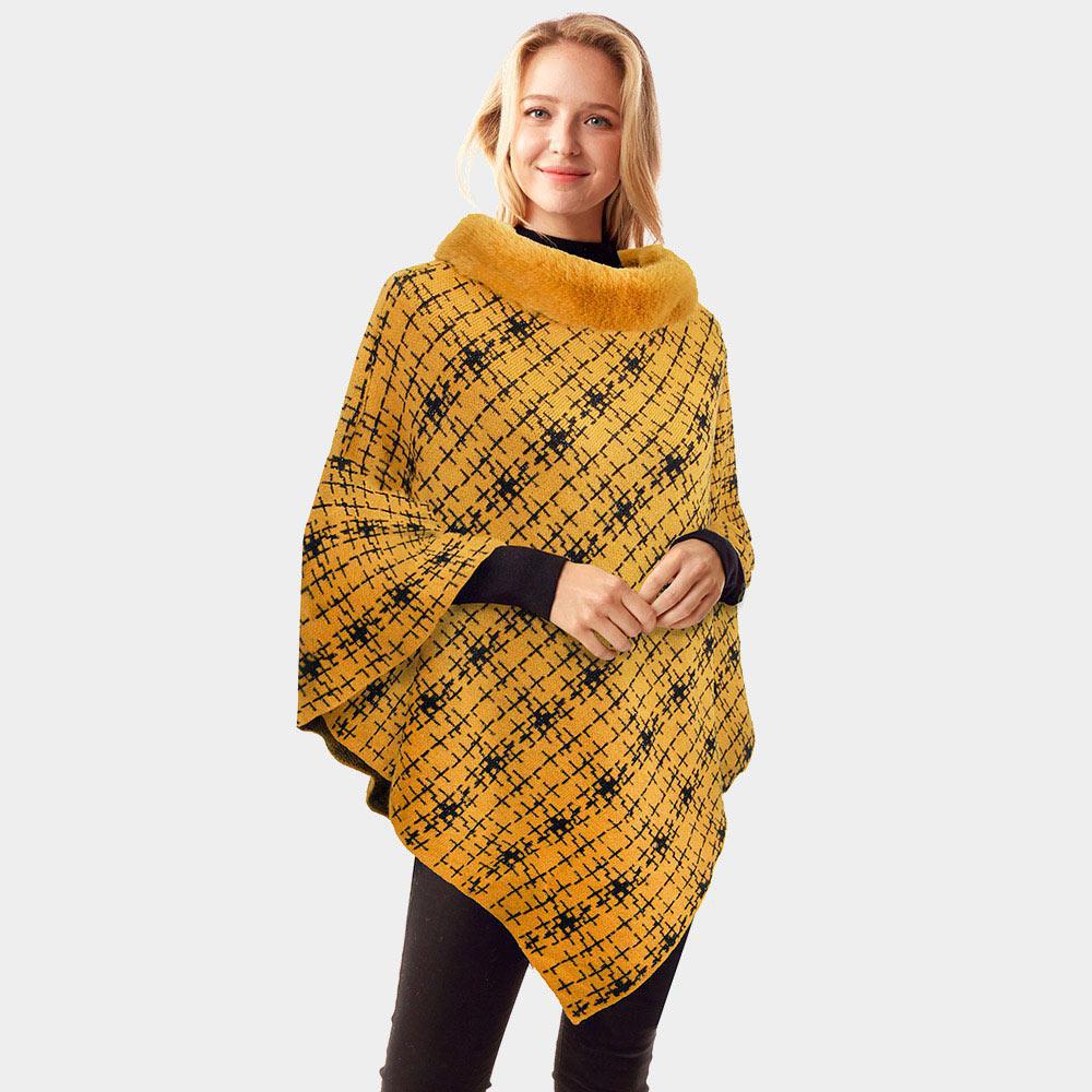 Patterned Faux Fur Collar Poncho – Faded Lace