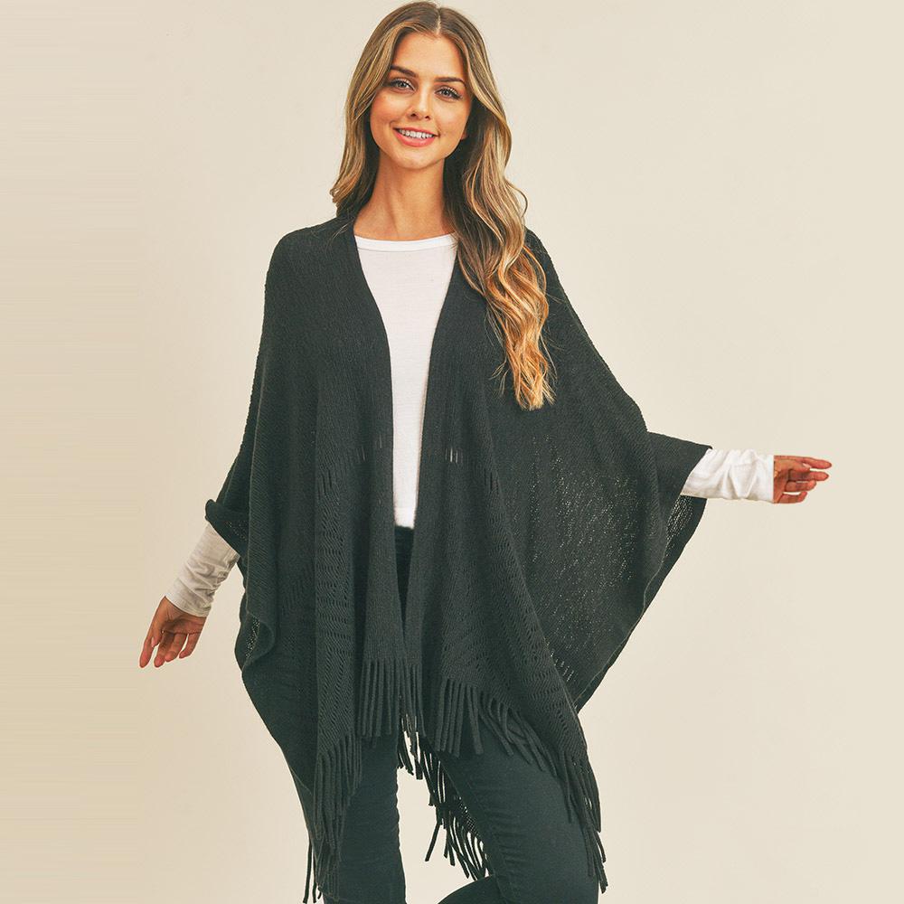 Herringbone Knit Fringe Ruana Poncho – Faded Lace